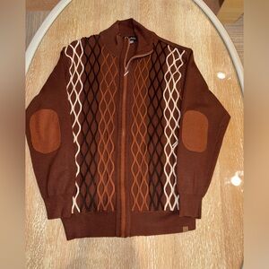 Brown Zip-Up Argyle Pattern Sweater